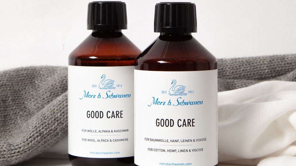 two bottles of merz b. schwanen cotton and wool detergent